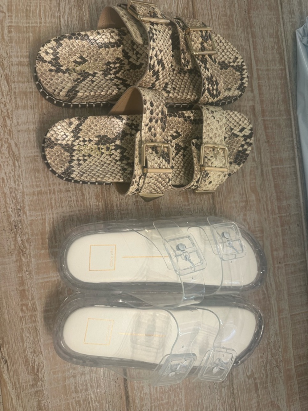 NWOT SCHUTZ Beige Snake-Print Double Buckle Slide Sandals and Dolce Clear Slide